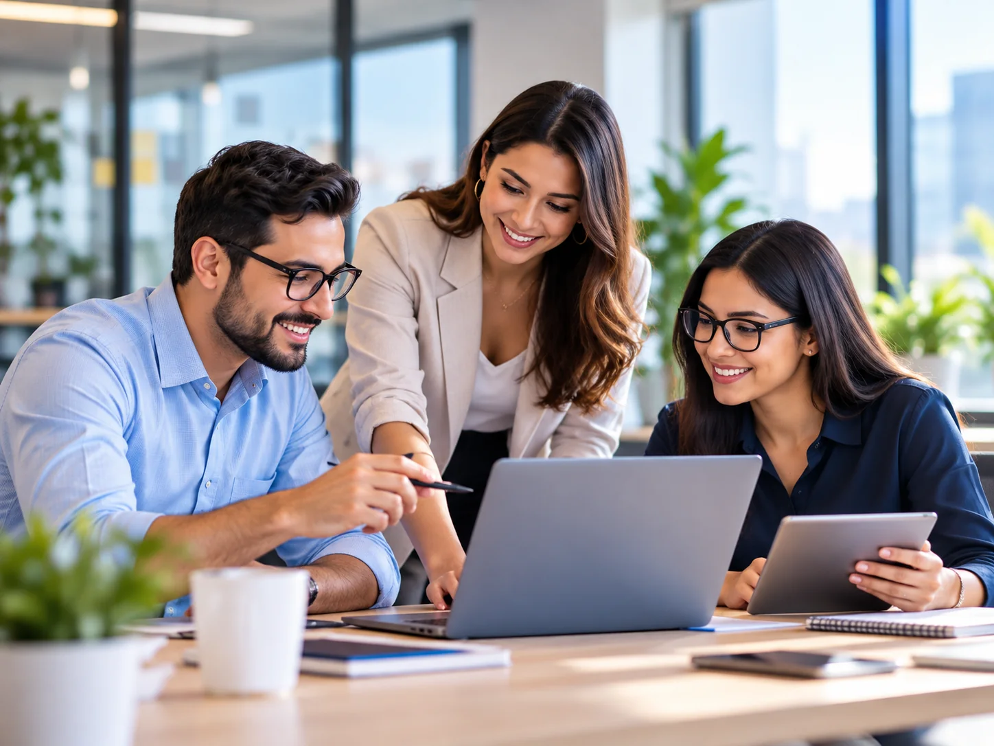Equipo colaborando en el análisis de una solución tecnológica